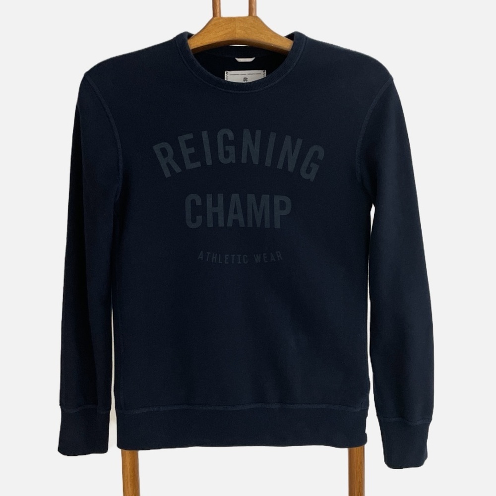 Reigning Champ Men's Gym Logo Crewneck Shirt Midweight Terry Navy Blue Size XS